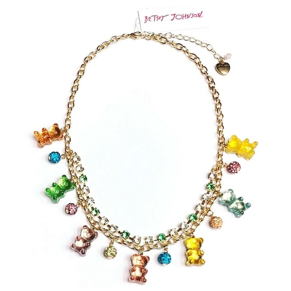 NWT Betsey Johnson GUMMY BEAR Gold Tone Crystal Fire Ball & Bear Charms Necklace - Picture 1 of 5